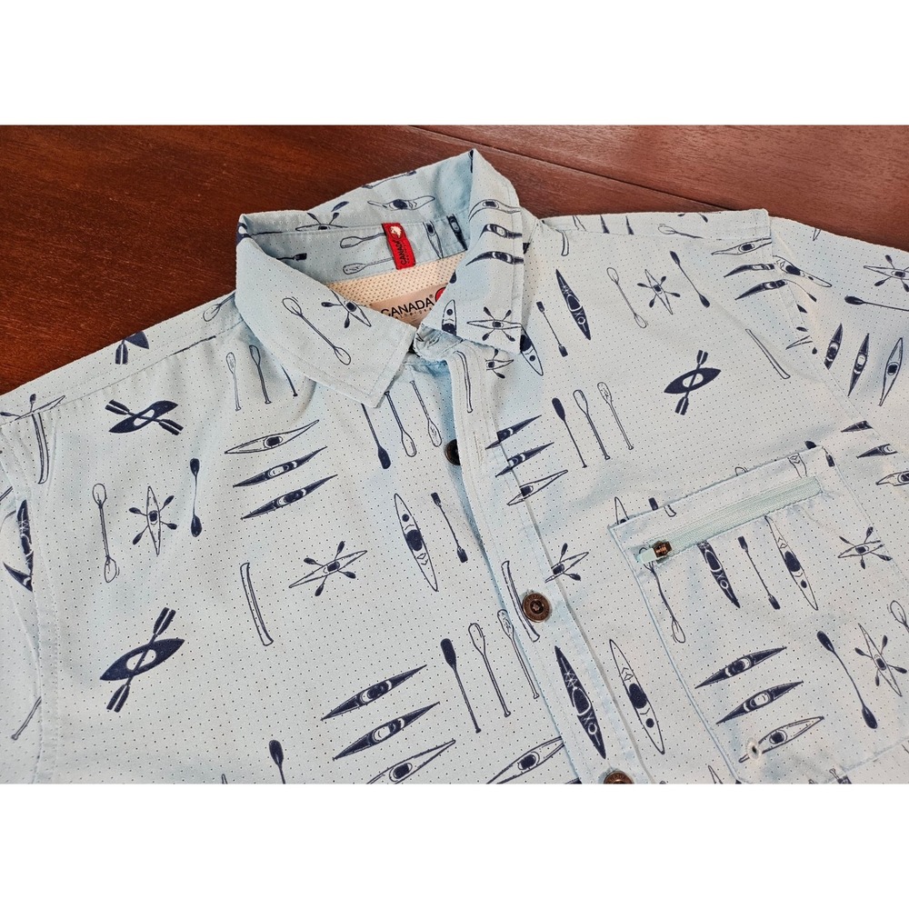 Canada Weathergear Button Down Mens L Blue Kayak Print Short Sleeve Shirt